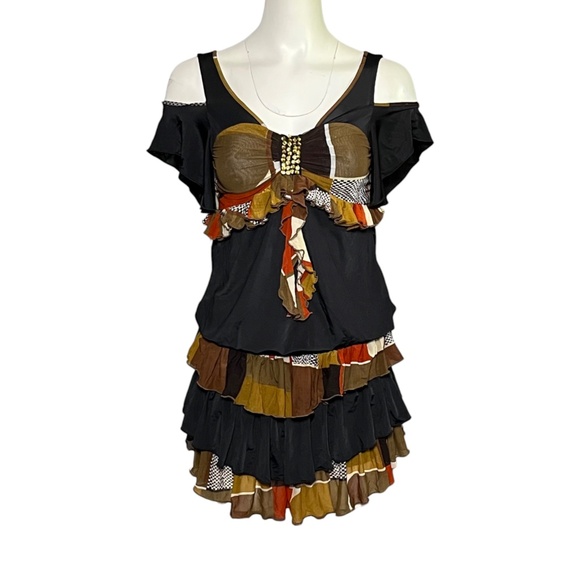 Roberto Just Cavalli Y2K Patchwork Ruffle Tiered Cold Shoulder Mini Dress Size M - Picture 10 of 10